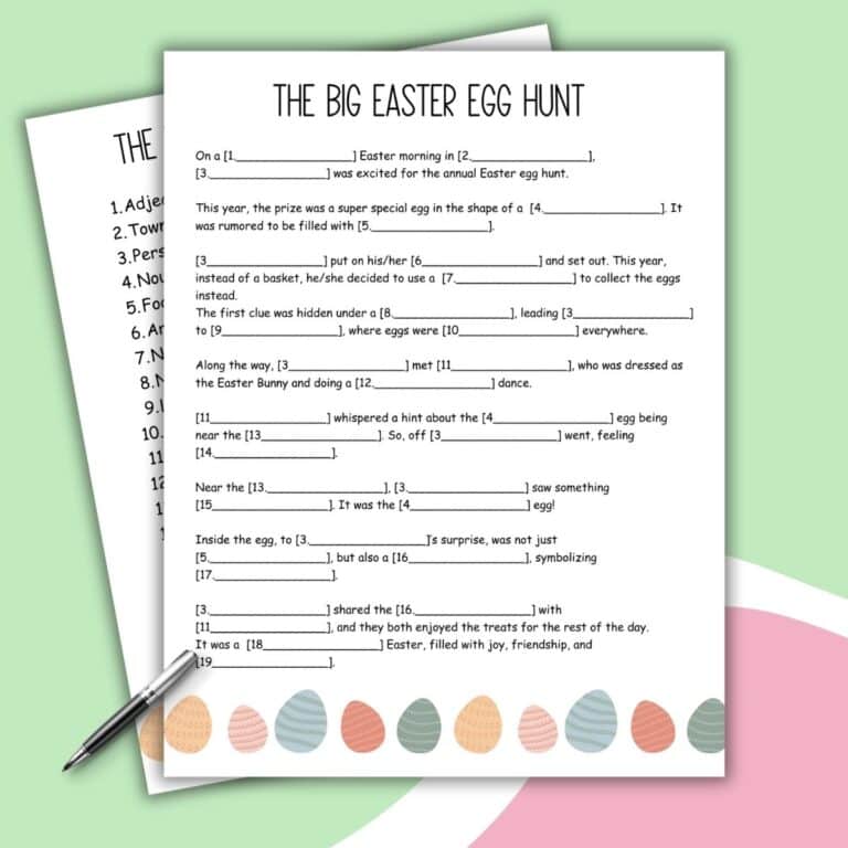 A printable worksheet titled The Big Easter Egg Hunt featuring a fun Easter Mad Libs fill-in-the-blank story, with Easter egg illustrations at the bottom and a pen resting on the sheets atop a pastel background.