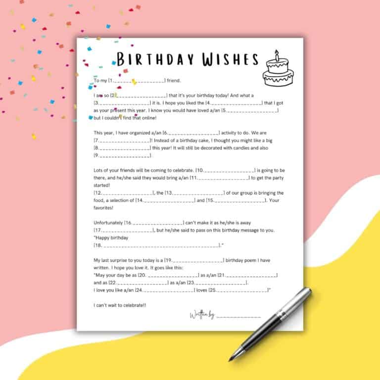 A Birthday Wishes birthday mad libs fill-in-the-blank activity sheet on a colorful background with a pen beside it. The sheet features prompts about birthday plans, gifts, and celebrations, plus festive confetti and a cake illustration at the top.