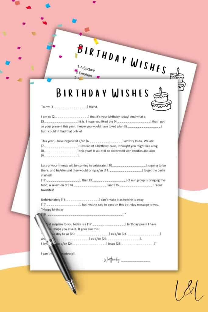 A birthday mad libs fill-in-the-blank worksheet lies on a yellow surface. A pen rests on the sheet, and a second worksheet is partially visible underneath. Colorful confetti decorates the background.