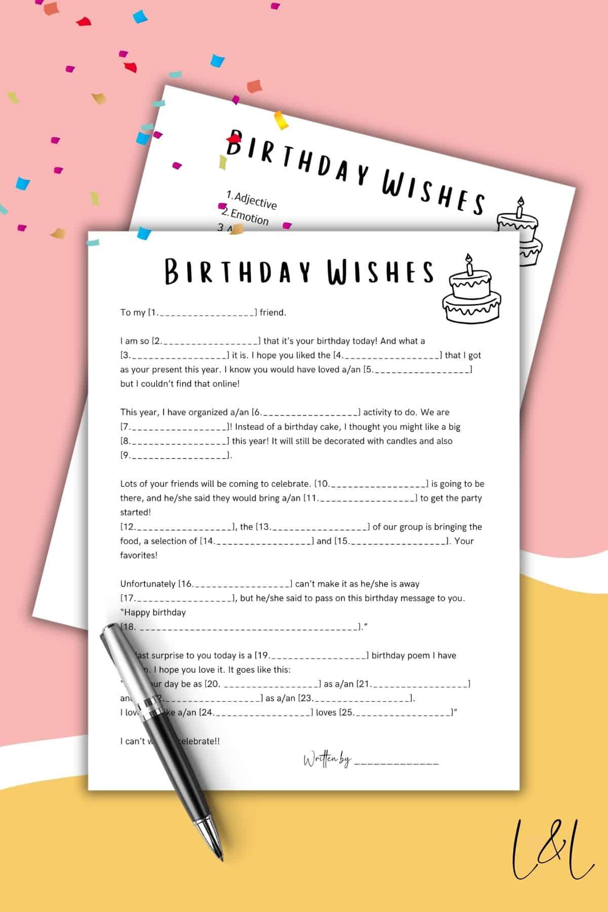 A birthday mad libs fill-in-the-blank worksheet lies on a yellow surface. A pen rests on the sheet, and a second worksheet is partially visible underneath. Colorful confetti decorates the background.