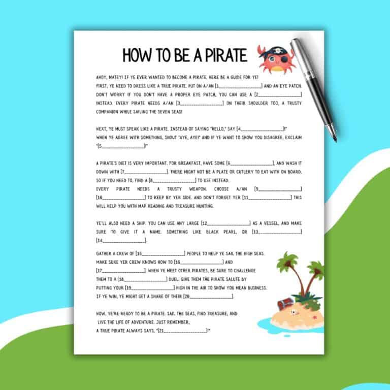 A worksheet titled How to Be a Pirate features Pirate Mad Libs fill-in-the-blank text about pirates, with a cartoon crab wearing a pirate hat and an island with a treasure chest. A pen lies diagonally across the page.