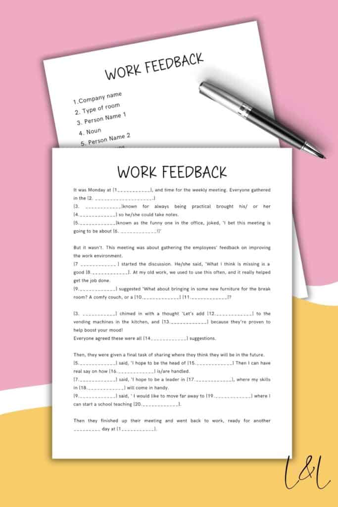A photo shows two sheets of paper labeled Work Feedback on a pastel background. One sheet is a Mad Libs For Workplace-style feedback form with numbered blanks, and the other lists company name, room type, room number, and person’s name.