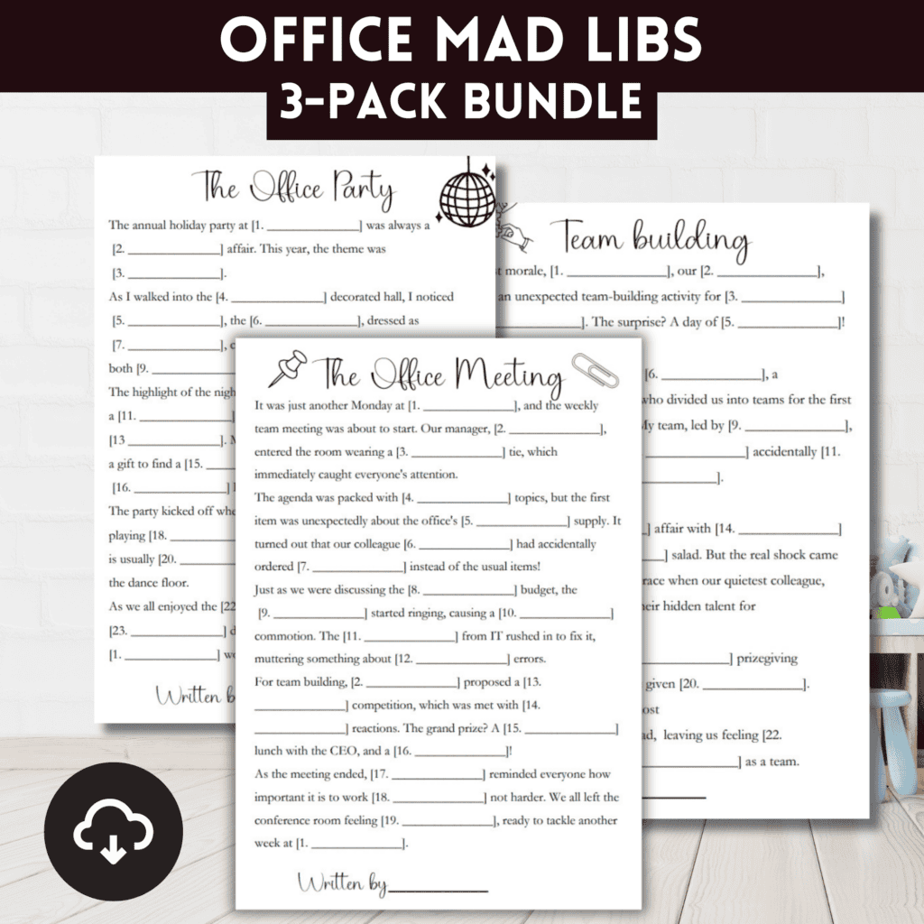 Set of 3 Office Mad Libs with download icon.