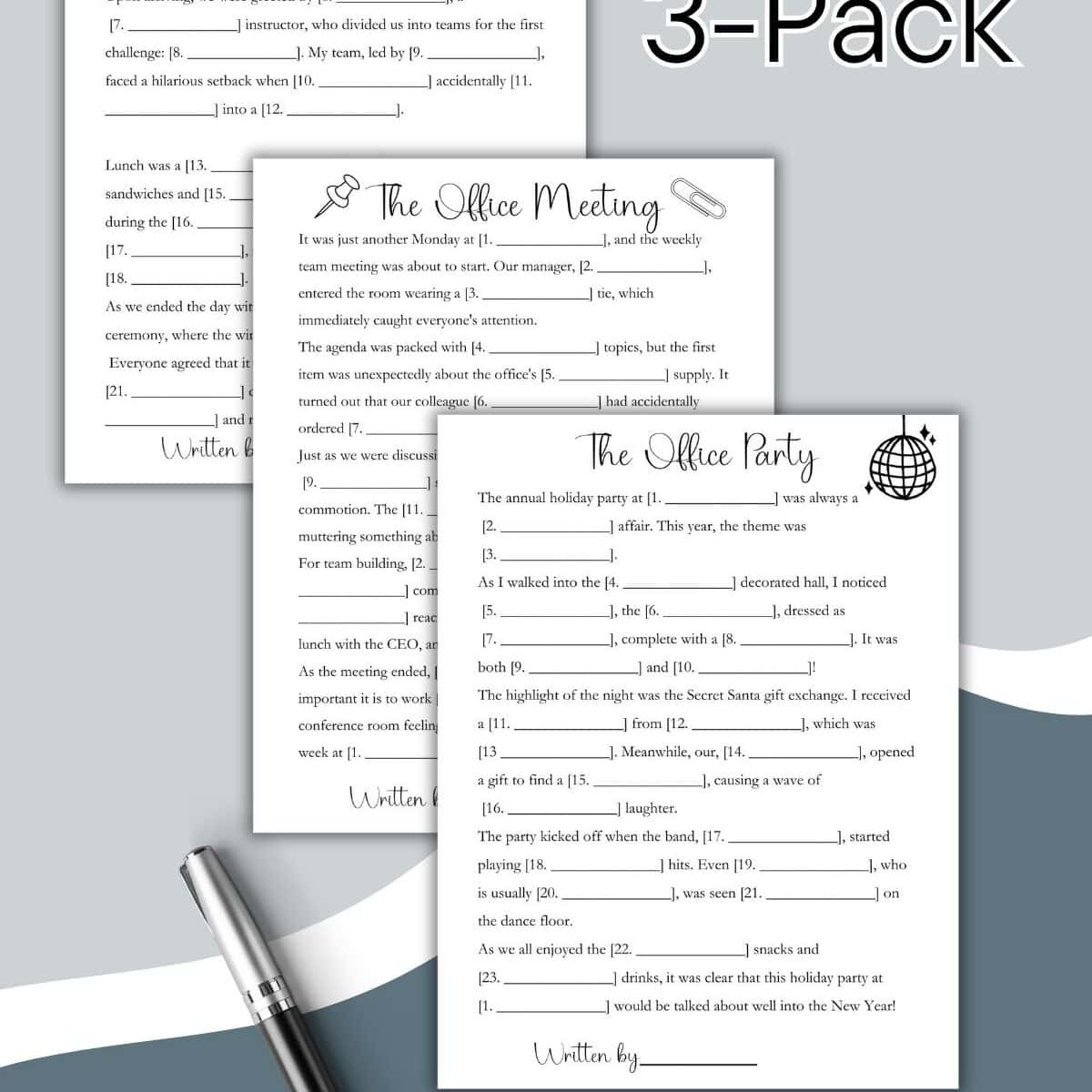 The Printable Office Mad Libs 3-Pack Bundle features three fill-in-the-blank worksheet pages—“Team building,” “The Office Meeting,” and “The Office Party”—displayed on a gray and light blue background with “3-Pack” above them.