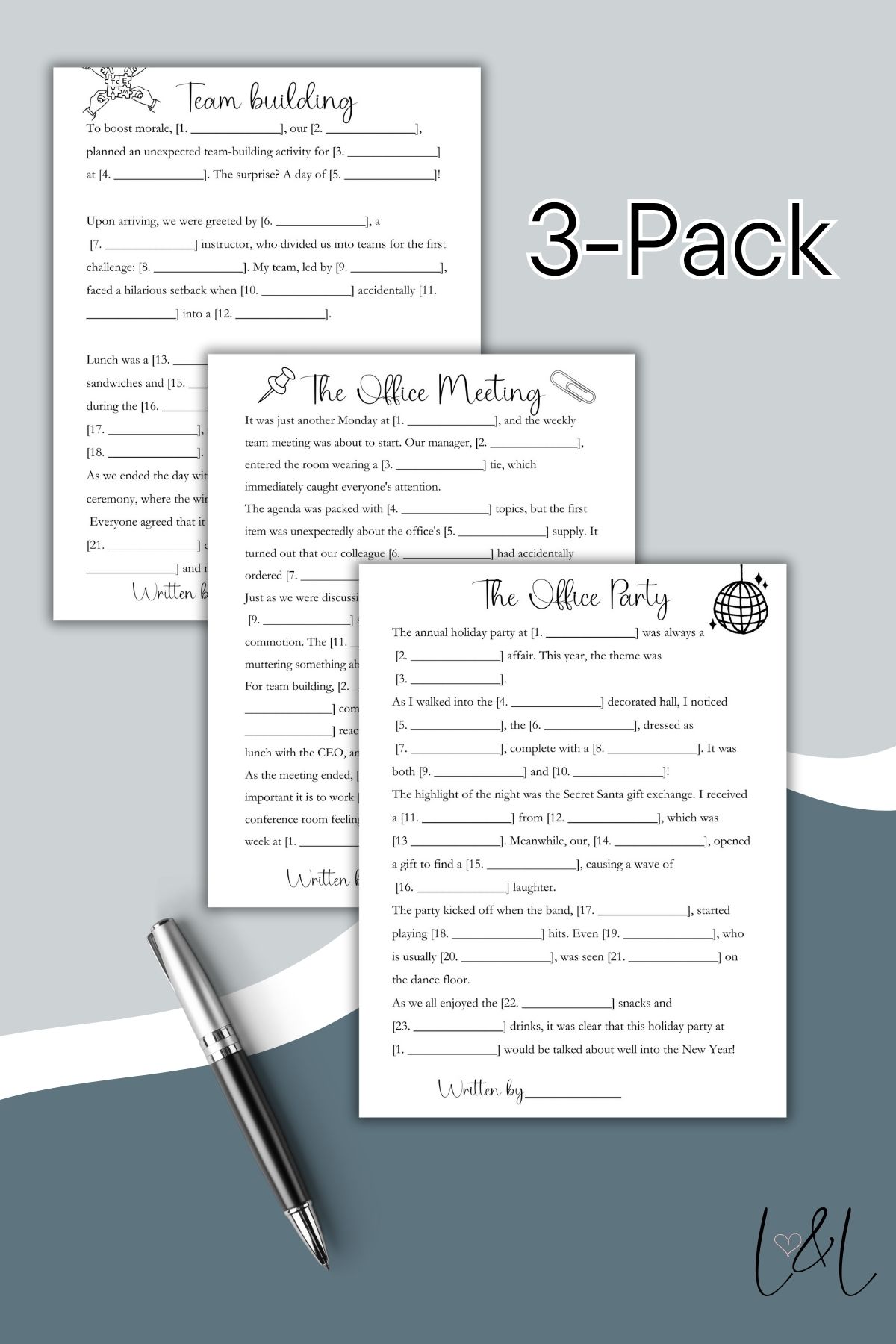The Printable Office Mad Libs 3-Pack Bundle features three fill-in-the-blank worksheet pages—“Team building,” “The Office Meeting,” and “The Office Party”—displayed on a gray and light blue background with “3-Pack” above them.