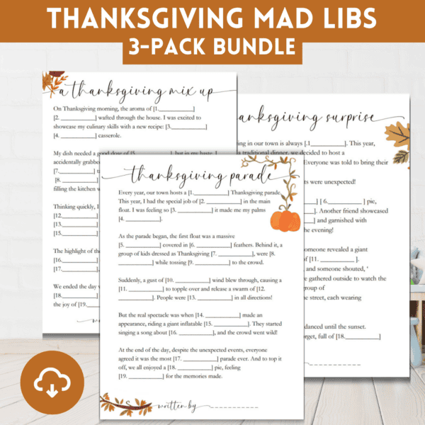 Set of 3 Thanksgiving Mad Libs with download icon.