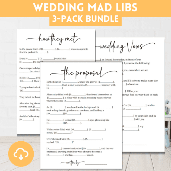 Set of 3 Wedding Mad Libs with download icon.