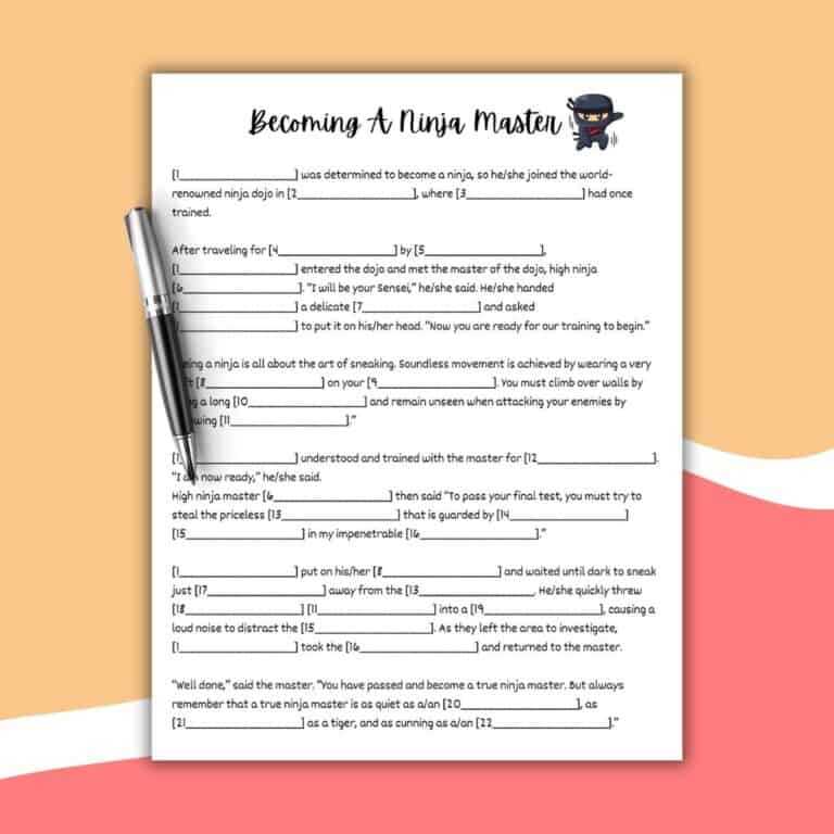 A worksheet titled Becoming A Ninja Master with fill-in-the-blank sentences, a pen on the left side, and a cartoon ninja illustration in the top right corner. The background features curved pink, red, and cream shapes—perfect for Free Printable Ninja Mad Libs fun.
