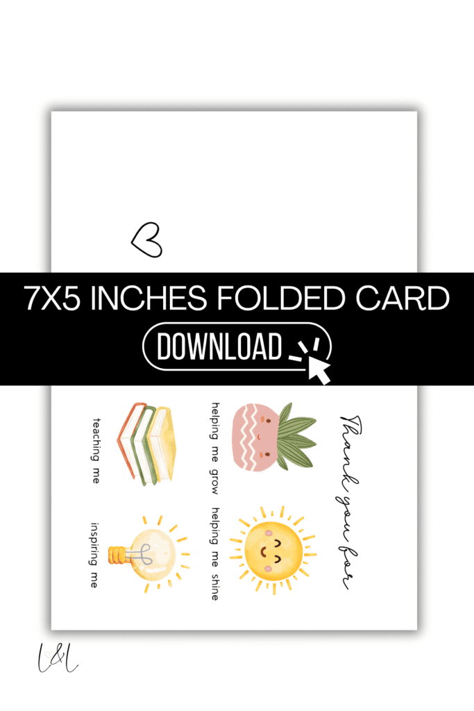 A white 7x5 inches folded card features cute illustrations of books, a plant, a lightbulb, and a sun with phrases like teaching me and thank you for helping me grow, making it the perfect Daycare Teacher Thank You Card.