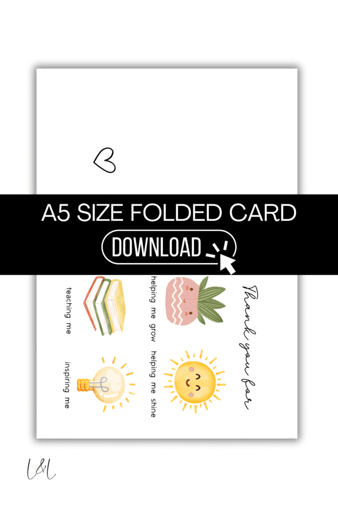 A digital A5 folded Daycare Teacher Thank You Card with cute drawings of a heart, books, a potted plant, a lightbulb, and a sun. The center features a black banner labeled A5 SIZE FOLDED CARD DOWNLOAD.