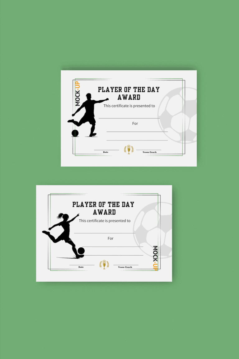 Two Player of the Day Award certificates featuring black soccer player silhouettes and faint soccer ball graphics on a green background, with spaces for recipient name and details.