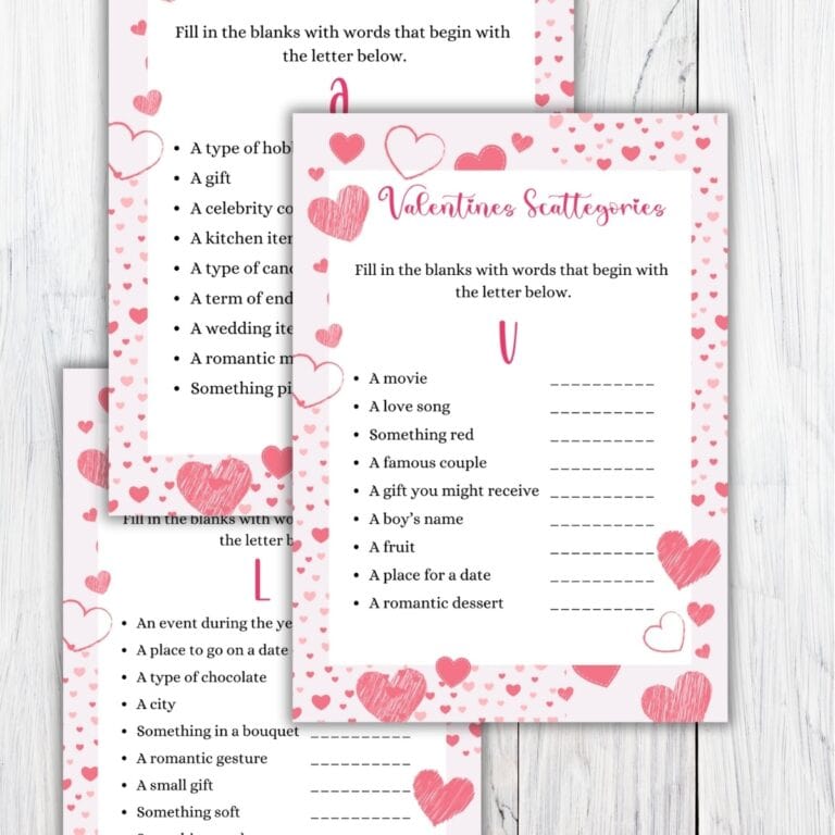 Three Valentine’s-themed printable scattergories worksheets with pink and red hearts, featuring fill-in-the-blank lists such as “A movie,” “A love song,” and “A gift you need,” with the letter “V” highlighted.
