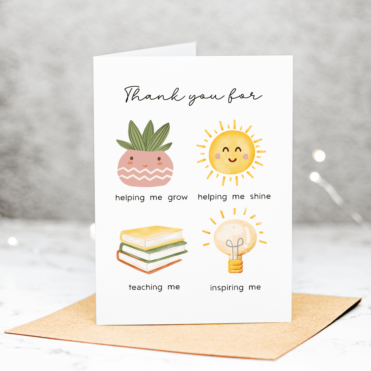 A Daycare Teacher Thank You Card with charming illustrations: a potted plant labeled helping me grow, a smiling sun labeled helping me shine, stacked books labeled teaching me, and a lightbulb labeled inspiring me.