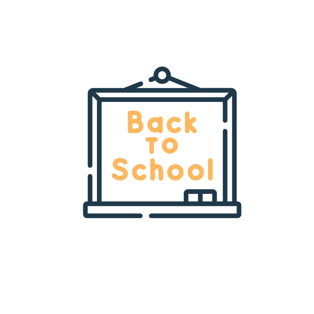 A chalkboard illustration with the words Back To School written in yellow letters, hanging by a string on a black background.