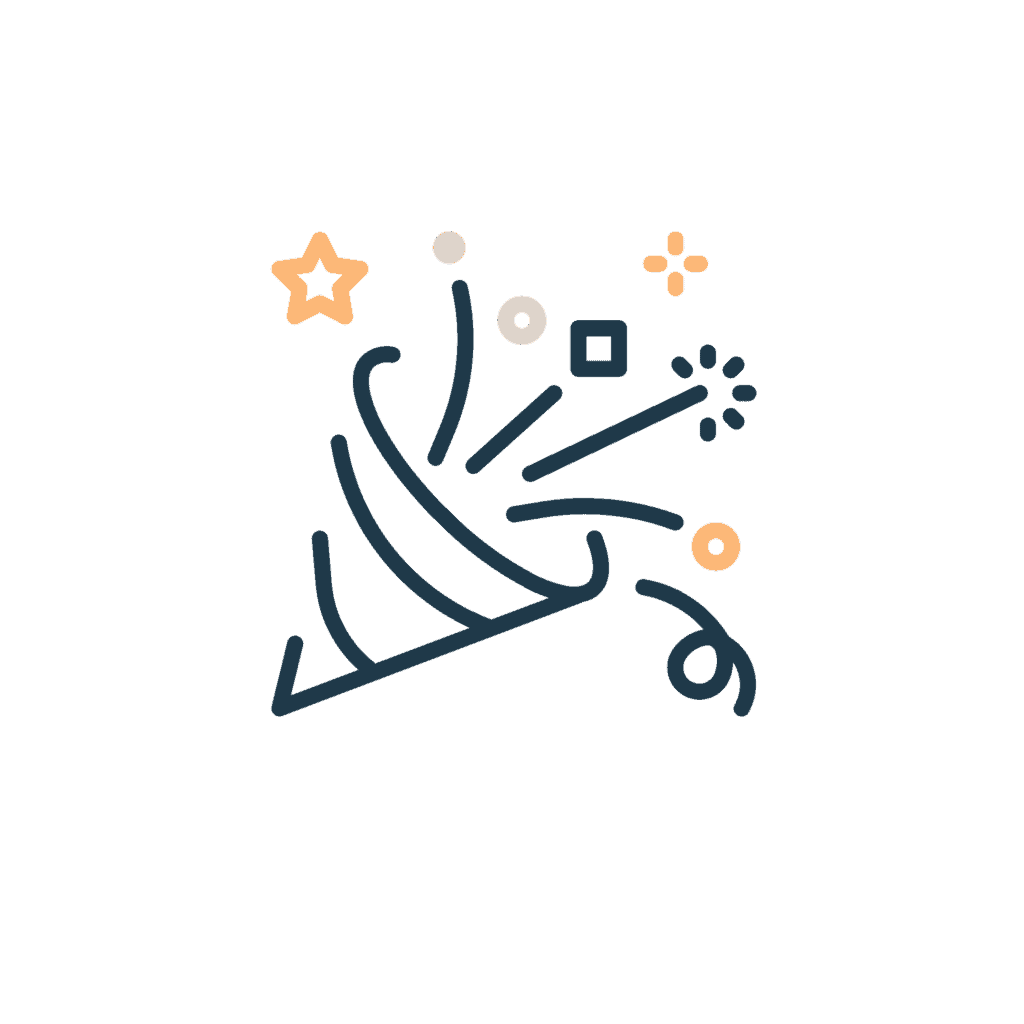A minimalist illustration of a party popper releasing colorful confetti, including stars, circles, and squares, against a transparent background.