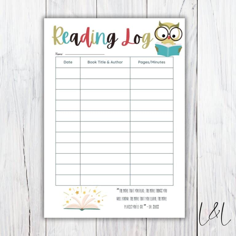 A colorful Book Tracker free printable for kids, this reading log sheet has columns for date, book title & author, and pages/minutes. An owl reads a book, plus there’s an open book illustration and a reading quote at the bottom.