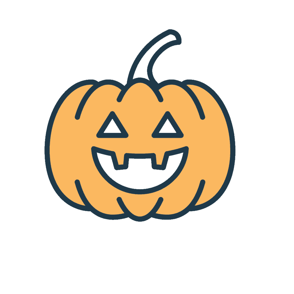 A cartoon-style orange jack-o’-lantern with triangular eyes, a smiling mouth showing two fangs, and a short curved stem on top, set against a transparent background.
