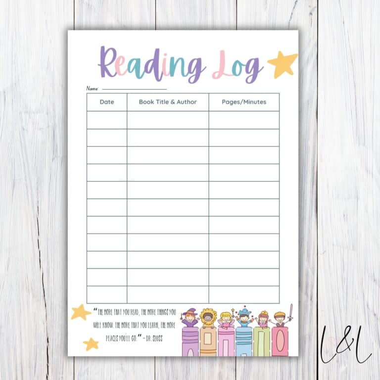A colorful Book Tracker free printable for kids, featuring columns for date, book title & author, and pages/minutes. The header reads Reading Log, with cartoon children and a Dr. Seuss quote at the bottom.