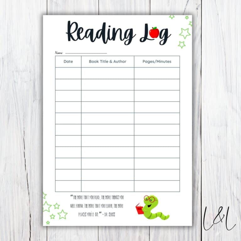 A Book Tracker free printable for kids, this reading log sheet has columns for date, book title & author, and pages/minutes. It features star decorations, a cartoon green worm with glasses holding a book, and a Dr. Seuss quote at the bottom.