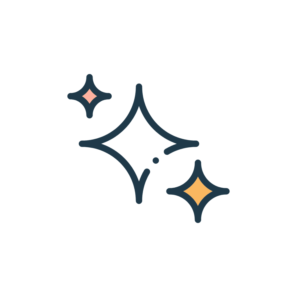 Simple illustration of three sparkles or stars, outlined in dark blue with pink and yellow centers, on a transparent background.