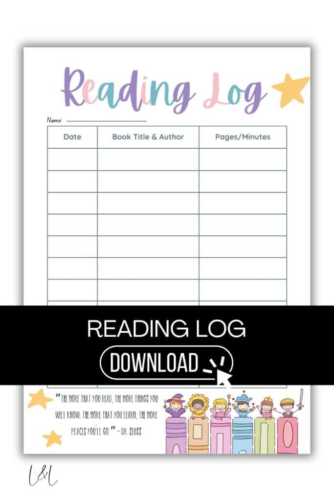 A colorful reading log sheet with columns for date, book title & author, and pages/minutes. Decorative stars and cartoon children with books appear at the bottom, alongside a Dr. Seuss quote. READING LOG DOWNLOAD banner is across the center.