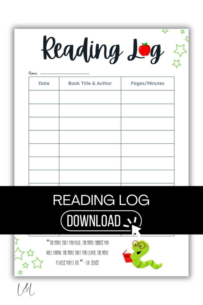A printable reading log sheet with columns for date, book title and author, and pages or minutes read. It features a cartoon worm reading a book and green stars, with a Dr. Seuss quote at the bottom.