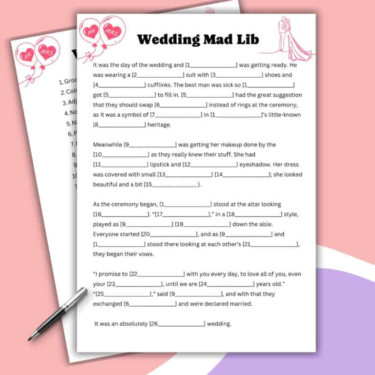 A Wedding Mad Libs game sheet with fill-in-the-blank spaces, featuring wedding-themed clipart like balloons, a cake, and wedding rings. The form is placed on a pink background with a pen beside the papers.