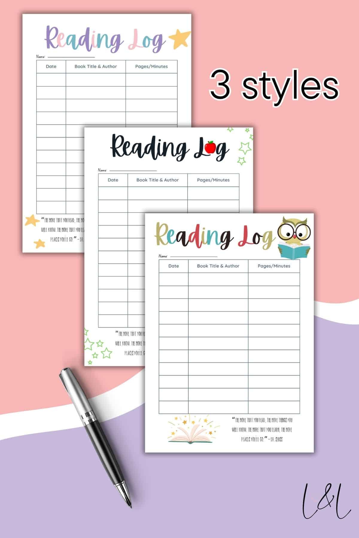 Three Book Tracker log templates with columns for date, book title & author, and pages/minutes, each featuring a different colorful design. A pen is placed in front, all on a pink and purple background. Text reads 3 styles.
