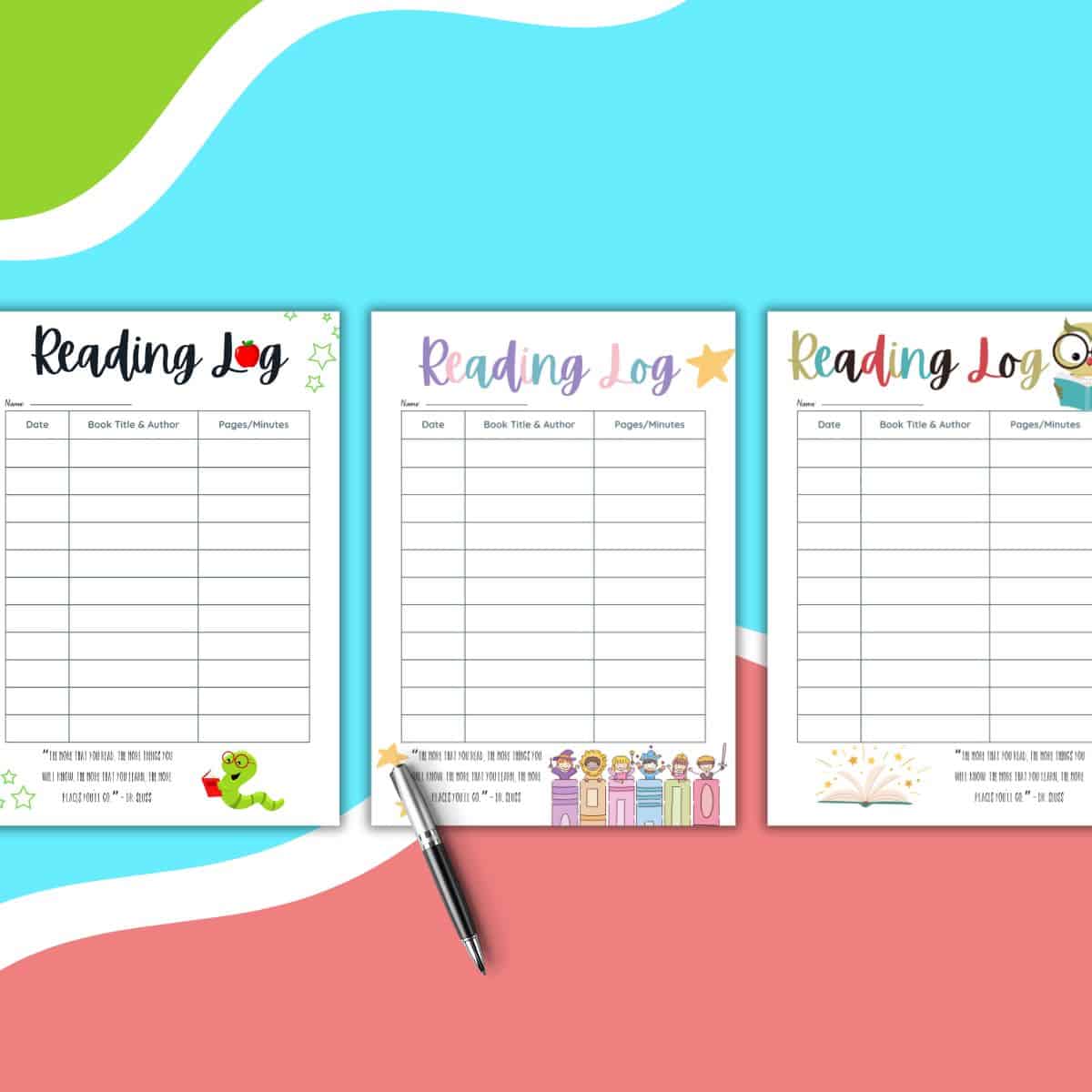 Three colorful Book Tracker reading log sheets with fun illustrations (a worm, books, and an owl) are displayed side by side on a vibrant background, with a pen resting near the center log.