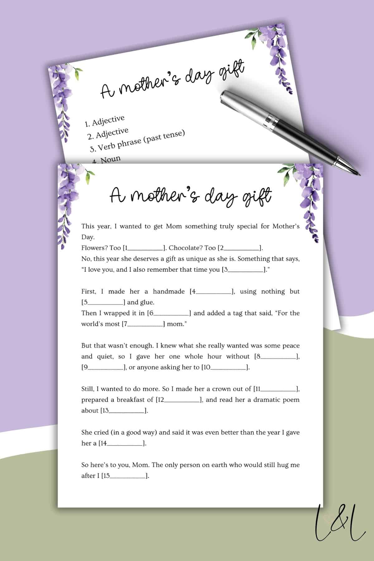 A floral-themed worksheet titled Mothers Day Mad Libs features fill-in-the-blank prompts for children to write about gifts for their mom. Purple flowers decorate the corners, and a pencil is placed on the paper.