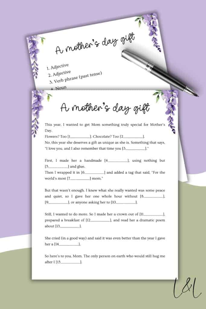 A printed Mother’s Day writing prompt worksheet with floral decorations, inspired by a Bridal Shower Mad Lib. The sheet encourages students to use adjectives, verbs, and nouns to craft a creative story about giving a handmade Mother’s Day gift. A pen rests beside the paper.