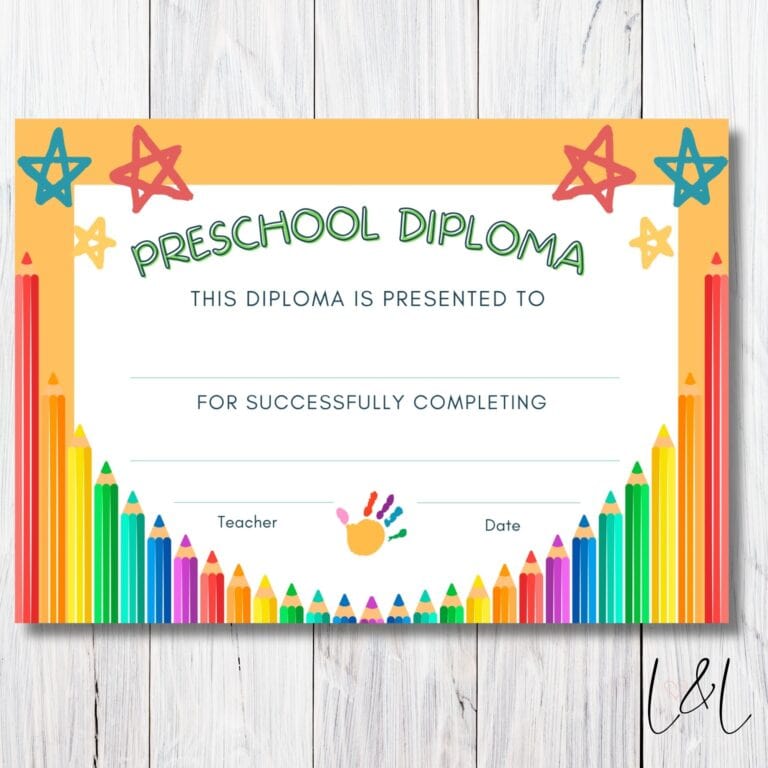 Colorful preschool diploma certificate bordered with rainbow-colored pencils, decorated with bright stars. Blank spaces for student name, achievement, teacher, and date. Background is white wooden boards.