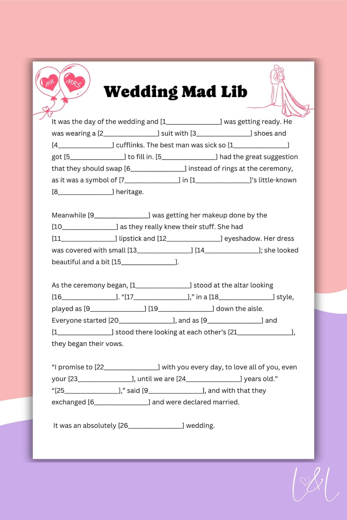 A colorful Wedding Mad Libs activity sheet features fill-in-the-blank sentences about a wedding day, with playful decorations of hearts, rings, and bows on a pink and purple gradient background.