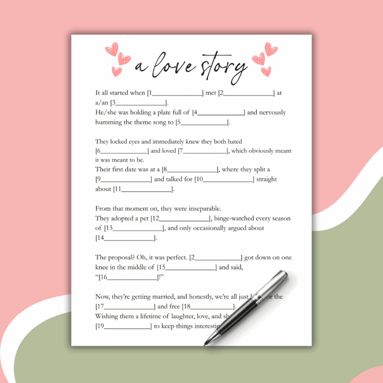 A Bridal Shower Mad Lib fill-in-the-blank love story sheet titled A Love Story with a pen beside it, placed on a pink, green, and beige abstract background featuring heart doodles at the top.