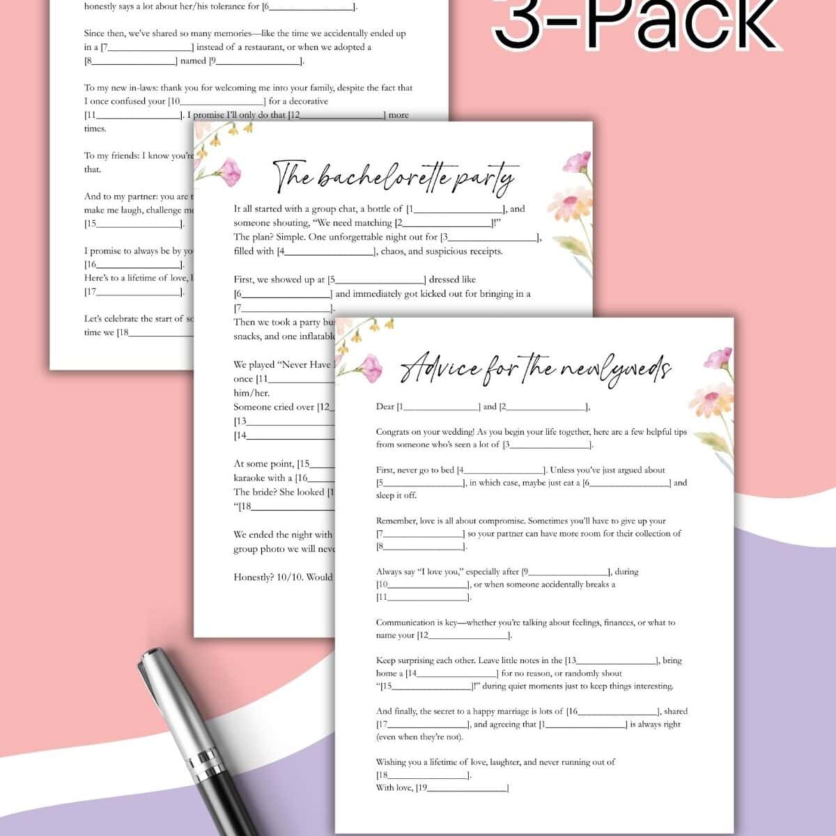 Three printable Wedding Mad Libs worksheets titled The Grooms Speech, The Bachelorette Party, and Advice for the Newlyweds, displayed on a pastel pink and purple background with a pen and 3-Pack text.