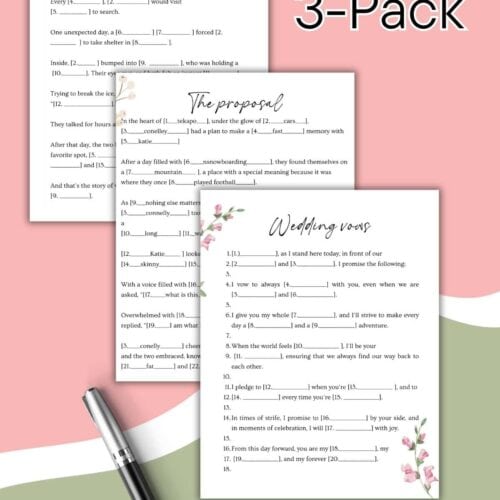 Three printable worksheets titled “How They Met,” “The Proposal,” and “Wedding Vows” offer Bridal Shower Mad Lib fun with fill-in-the-blank sentences. Decorative flowers adorn the corners, and a pen rests beside the sheets on a pastel background.