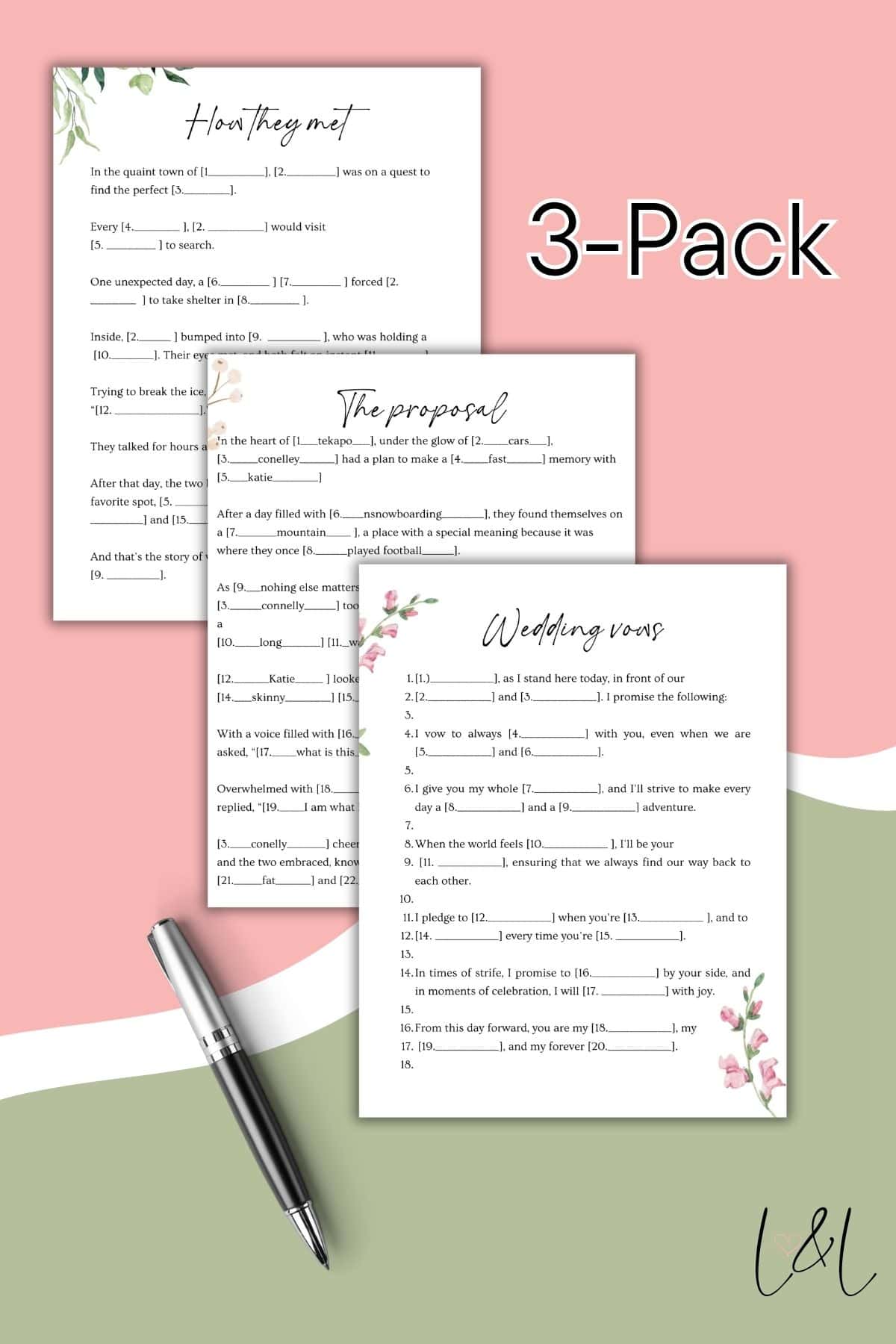Three printable worksheets titled “How They Met,” “The Proposal,” and “Wedding Vows” offer Bridal Shower Mad Lib fun with fill-in-the-blank sentences. Decorative flowers adorn the corners, and a pen rests beside the sheets on a pastel background.