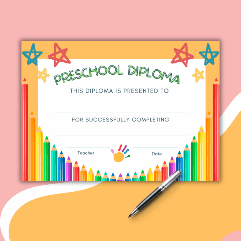 A colorful preschool diploma with star and crayon decorations, blank lines for the recipient’s name, teacher, and date—perfect for a fun activity like Bridal Shower Mad Lib—plus a pen on a pink and yellow background.