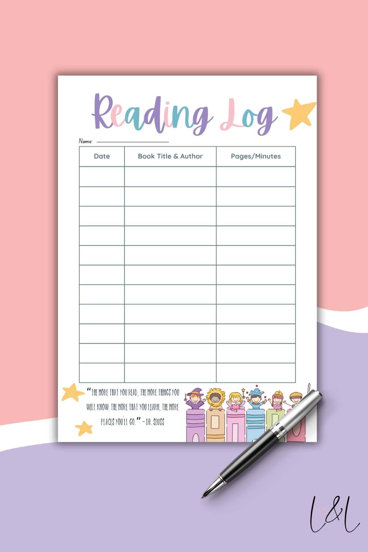 A colorful reading log sheet with columns for date, book title & author, and pages/minutes. Features cartoon children and books at the bottom—like a bridal shower mad lib for young readers. Background is pink, white, and lavender.