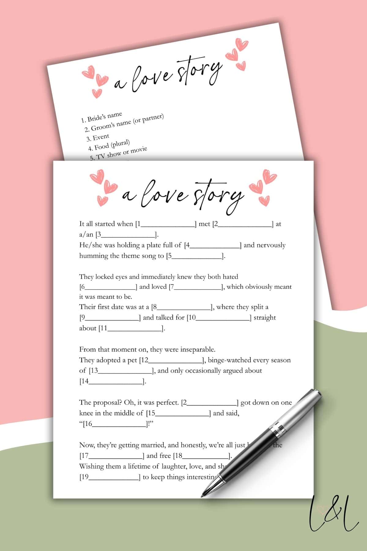 A Bridal Shower Mad Lib love story template with floral accents, a pen, and pastel background. The worksheet prompts users to fill in details about a couple’s journey, from meeting to engagement and marriage.