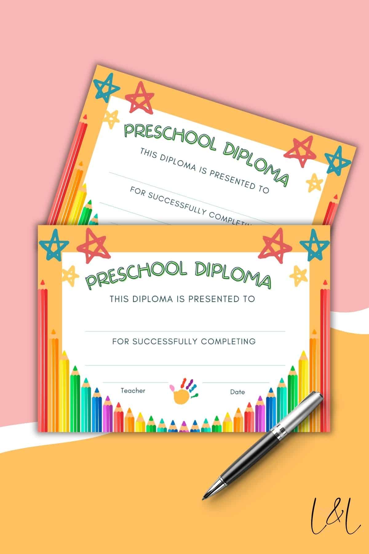 Two colorful preschool diploma certificates with star and crayon border designs are placed on a pink and white background, resembling the playful vibe of a Bridal Shower Mad Lib. A black and silver pen and a small handprint graphic are also visible.