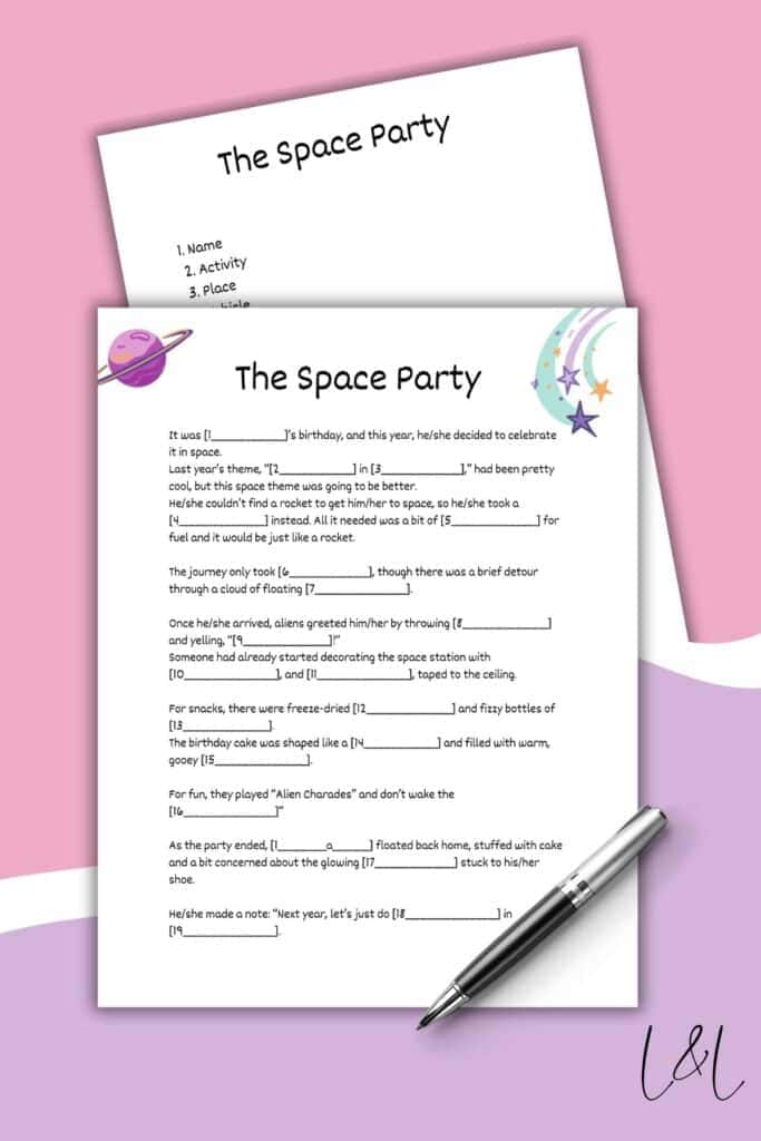 A worksheet titled The Space Party with fill-in-the-blank activity pages on a pink and purple background, decorated with cartoon space graphics, a pen in the lower right corner, and a fun Bridal Shower Mad Lib twist.