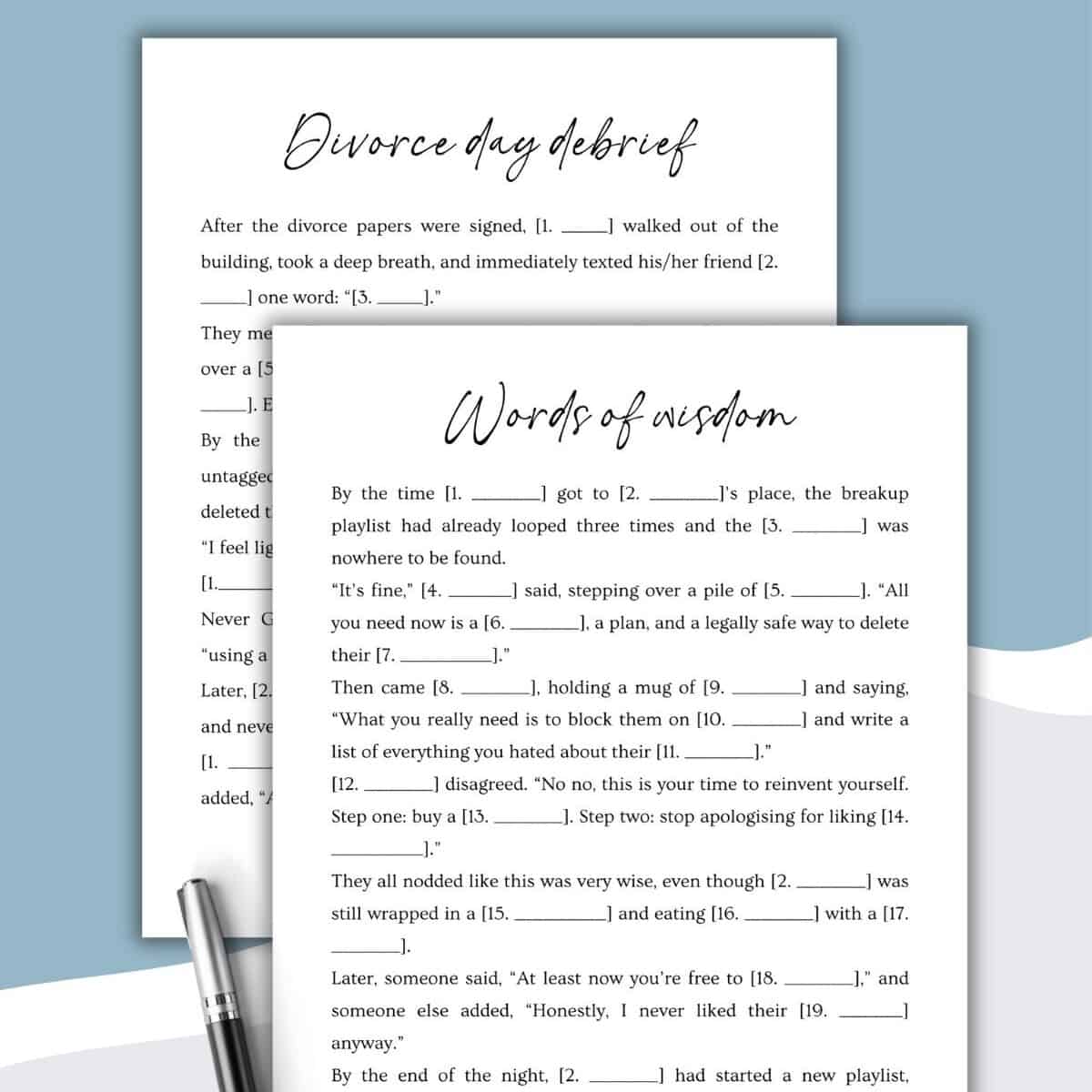 Two overlapping sheets from the Printable Divorce Games Mad Lib Style Bundle feature fill-in-the-blank breakup-themed text and the titles Divorce Day Debrief and Words of Wisdom on a light blue background with a 2-Pack label at the top right.