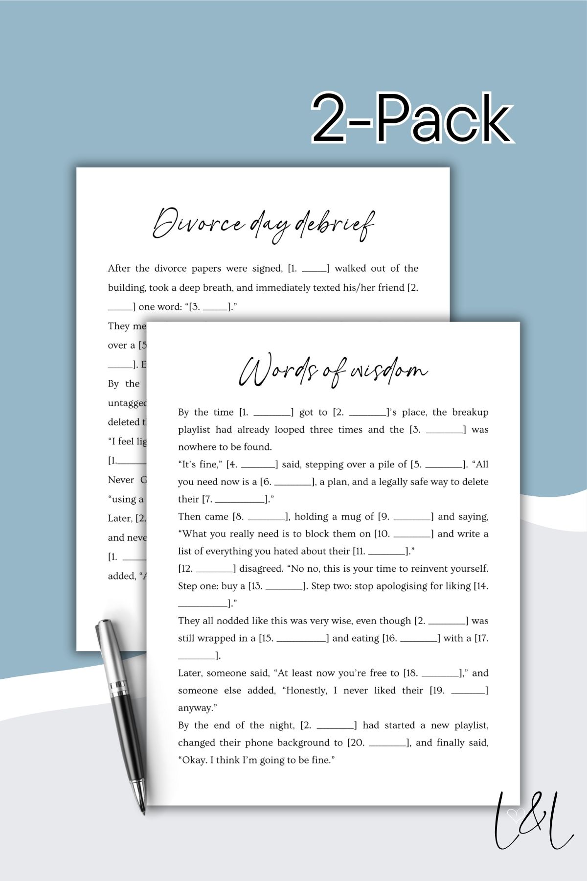 Two overlapping sheets from the Printable Divorce Games Mad Lib Style Bundle feature fill-in-the-blank breakup-themed text and the titles Divorce Day Debrief and Words of Wisdom on a light blue background with a 2-Pack label at the top right.
