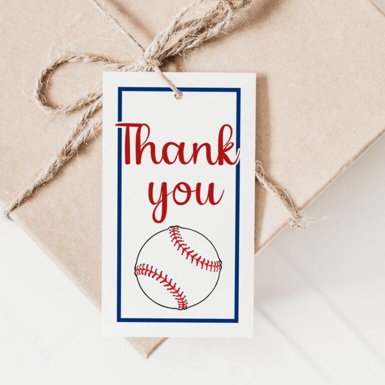 A gift wrapped in brown paper and tied with twine, featuring a tag with a baseball illustration and the words “Thank you” in red and script font.