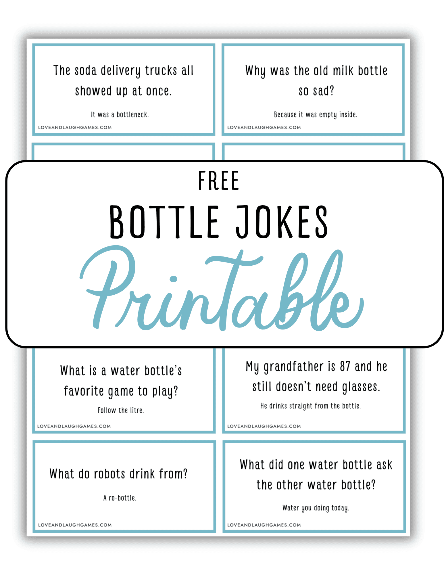 A printable sheet titled Free Bottle Jokes Printable featuring six jokes about bottles in blue-bordered boxes on a white background.