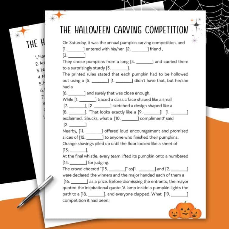 A Halloween-themed worksheet titled “The Halloween Carving Competition” features a fill-in-the-blanks story—similar to Space Mad Libs—about a pumpkin-carving contest. Decorative spider webs, stars, and pumpkins adorn the corners. A pen rests nearby.