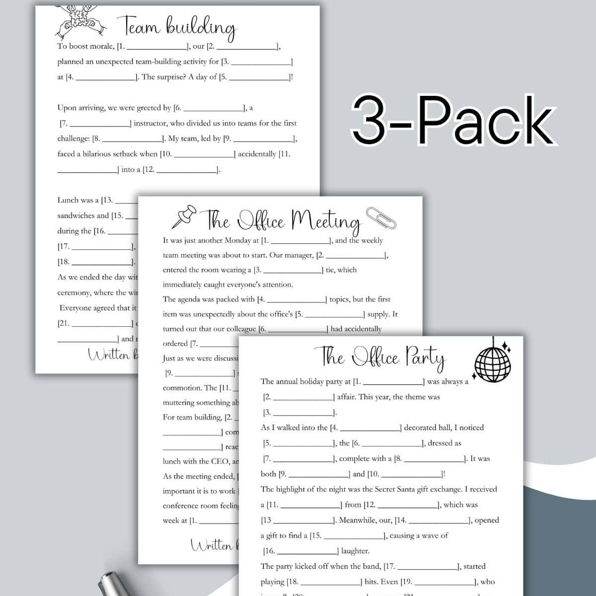 Three fill-in-the-blank team-building and office-themed activity sheets are shown overlapping, labeled as a “3-Pack.” The sheets feature playful text and decorative icons like a paperclip, pencil, and globe.