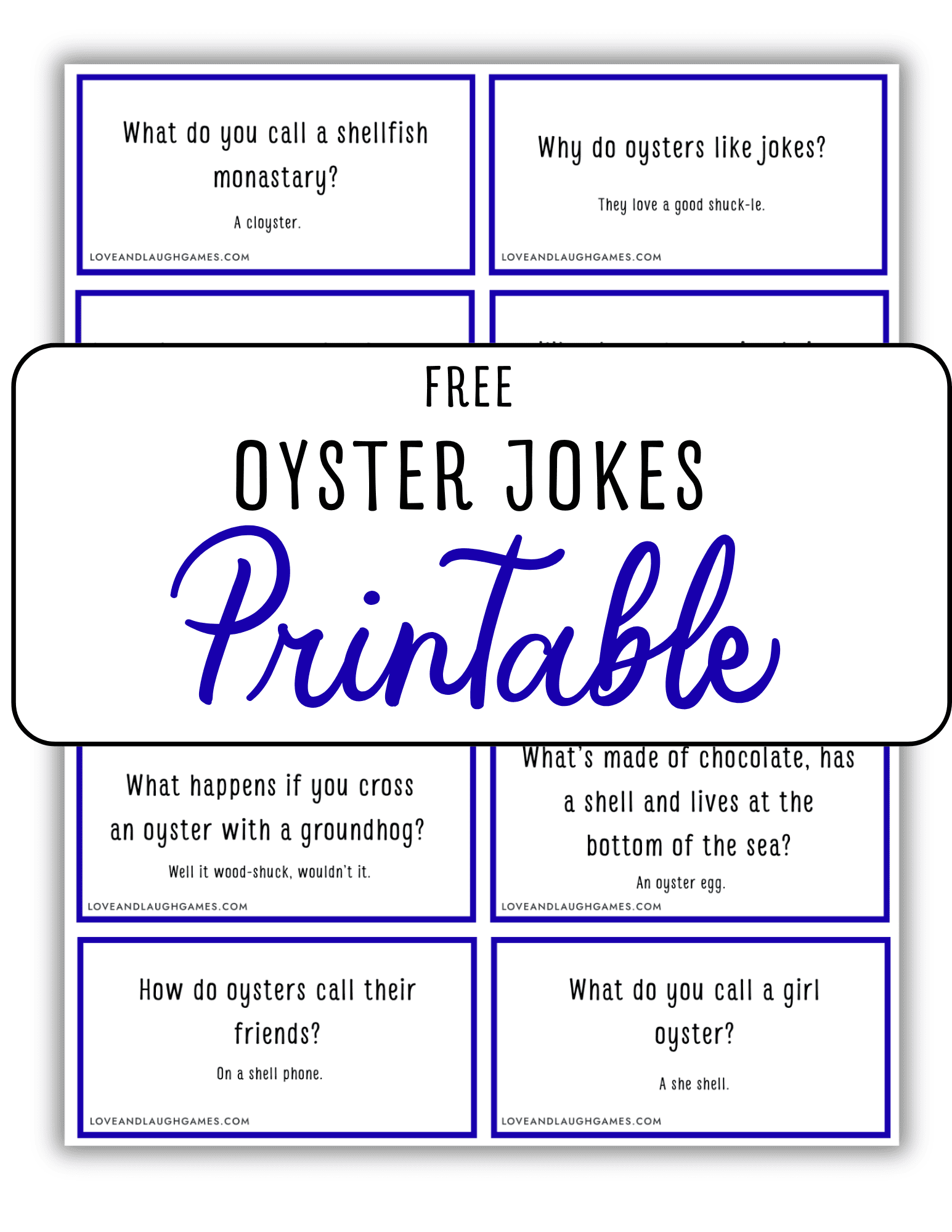 A printable sheet titled Free Oyster Jokes Printable features six Oyster Jokes cards with blue borders and playful questions and answers.
