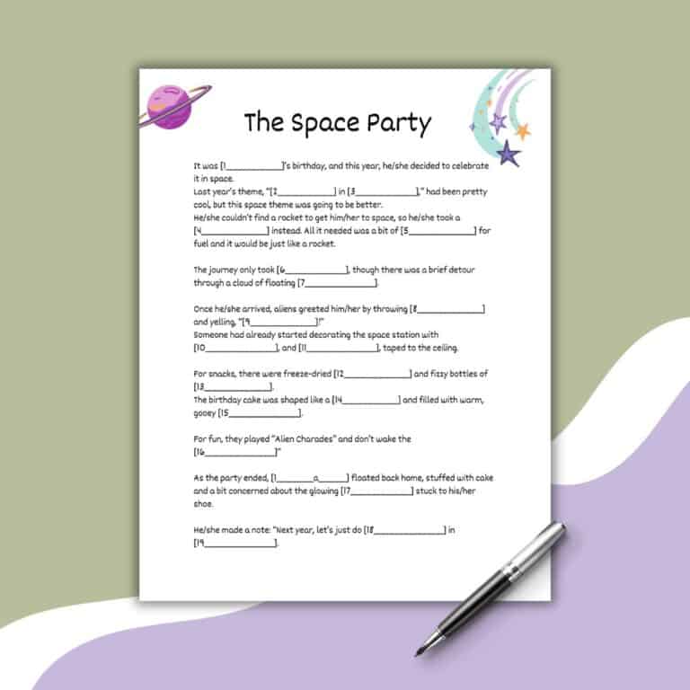 A fill-in-the-blank worksheet titled The Space Party, inspired by Dinosaur Mad Libs Printable, features space-themed illustrations like a planet and stars, a pen beside the sheet, and a colorful abstract background with green, purple, and cream waves.